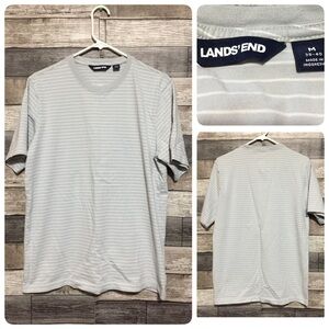 Lands End Striped T Shirt Men’s M Gray White Crewneck Casual 100% Cotton